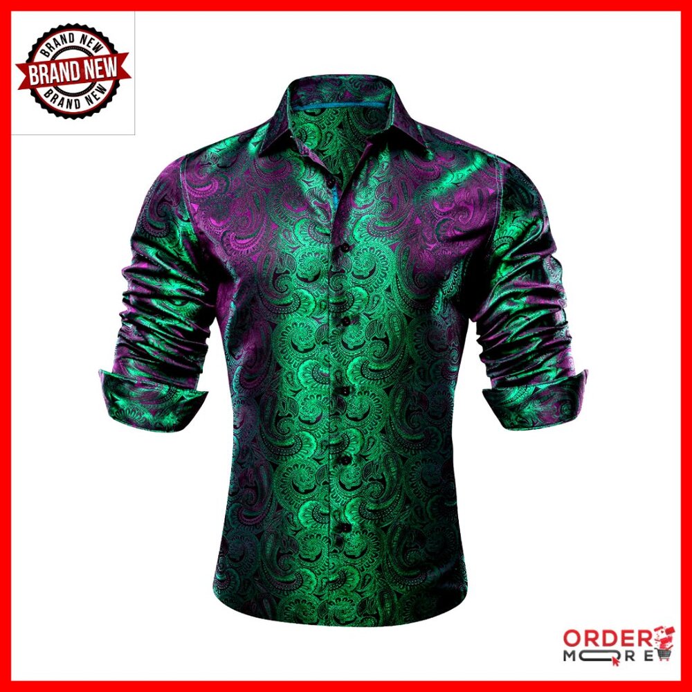 Men's Silk Button Down Shirt Long Sleeve Paisley Floral Formal Business